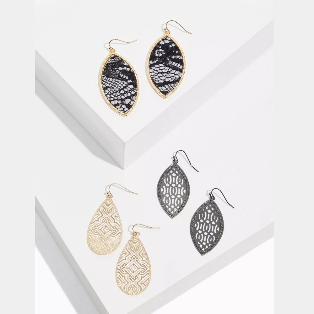 NEW Torrid 3 Pairs Sugardust Filigree Lace Cutout Drop Hanging Earrings Set Gold